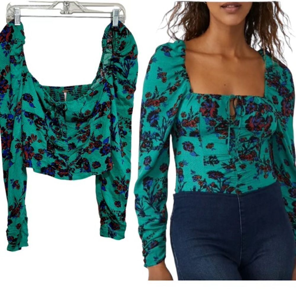 NWT‎ Free People Hilary Printed Top Green Smocked Floral Blouse Size XS Boho
